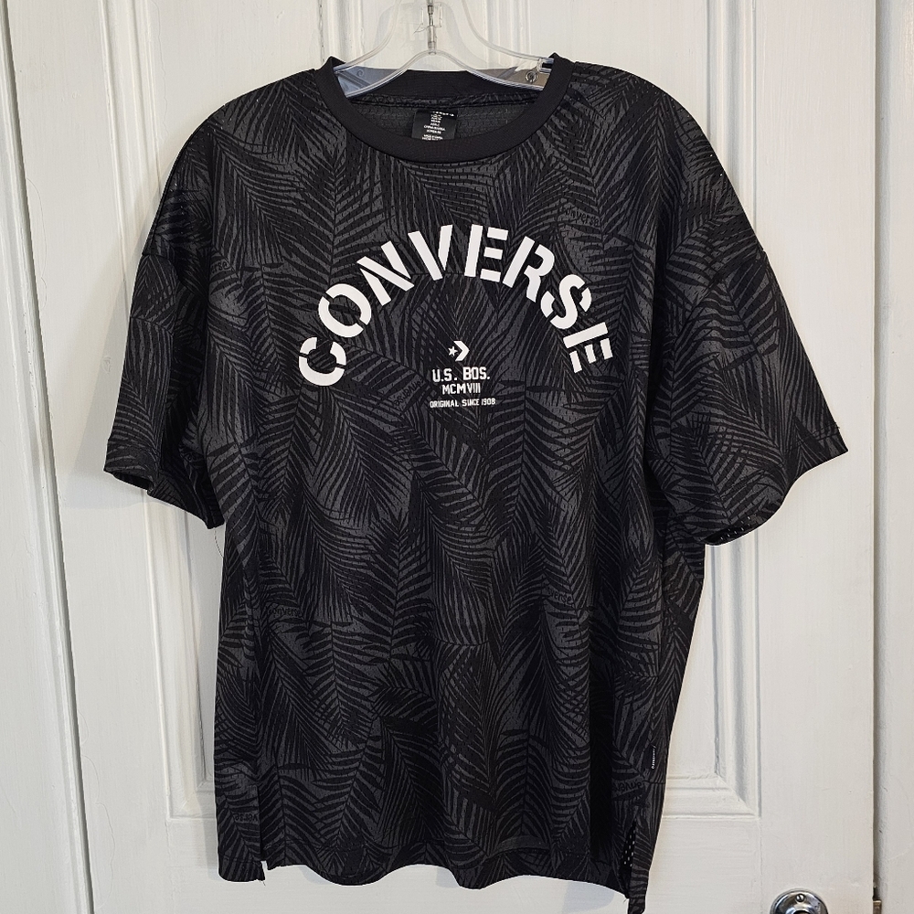 Converse Jersey Shirt Mens Medium Vented Palm Print Black US Bos. MCMVIII